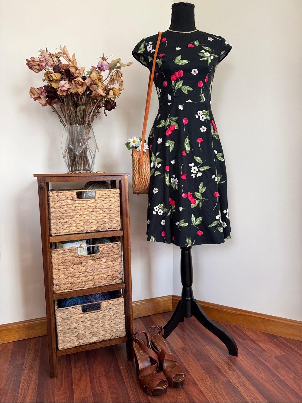 Vintage Inspired Retro Cherry Floral Baby Circle Skirt Dress | Sz. XS